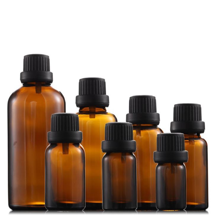 Black cap amber glass bottle